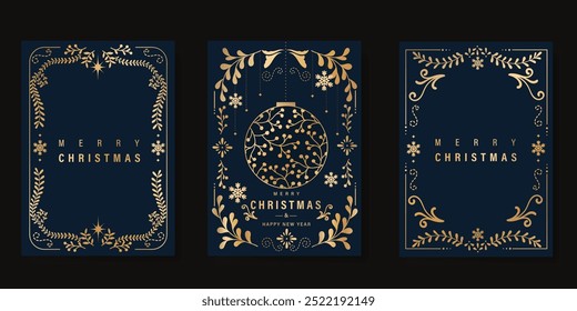 Luxury gold christmas invitation card folk design vector. Christmas bauble, holly, leaves, snowflake, frame on navy blue background. Design illustration for cover, print, poster, wallpaper.