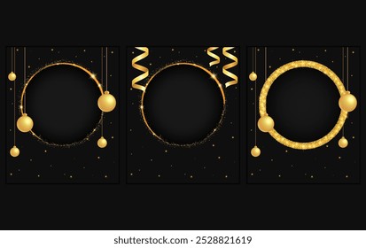 Luxury gold christmas invitation card design holiday vector background. Glittering round banner frame, dust, stars, ribbons and hanging golden balls