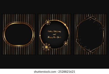 Luxury gold christmas invitation card design holiday vector background. Glittering banner frame, dust, stars, snowflakes and golden dots lines