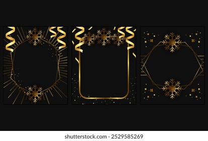 Luxury gold christmas invitation card design holiday vector background. Glittering banner frame, dust and hanging golden ribbons, snowflakes and lines