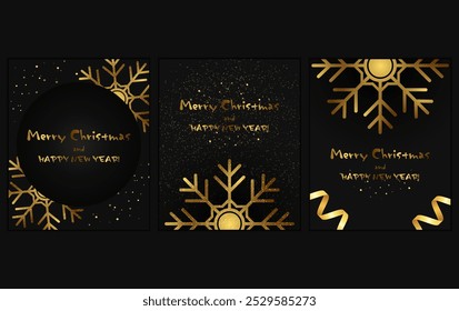 Luxury gold christmas invitation card design holiday vector background. Glittering banner frame, dust, snowflakes and golden ribbons