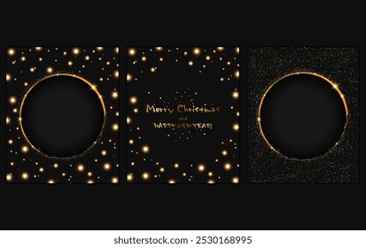 Luxury gold christmas invitation card design holiday vector background. Glittering banner frame, dust, stars and golden snowflakes