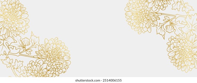 Luxo ouro Chrysanthemum flores fundo. Padrão floral tropical em estilo de arte de linha para saudação, convite, cartão de casamento, arte de parede, papel de parede e impressão. Ilustração vetorial