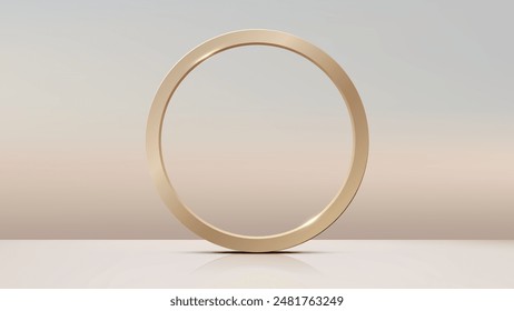 Luxury Gold Circle Ring on White Table in Sky Background for Product Display, Mockup, Showroom, Showcase Design, Nature Concept