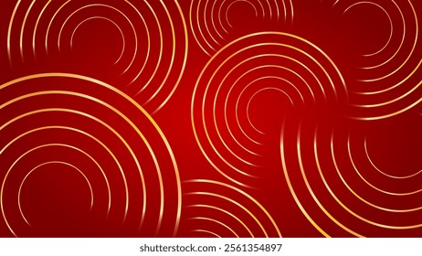 Luxury Gold Circle Round On Red Background. Abstract Business Banner. Technology Wallpaper. Illustration. Futuristic. Minimal