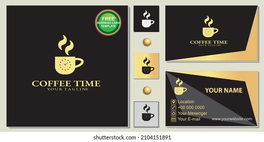 Luxury gold clock coffee shop logo, simple black, free premium business card template vector eps 10