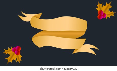 Luxury gold color gradient effect overlap folded blank banner sign template. Christmas mistletoe plant object icon decoration. Holidays season's greeting card design.