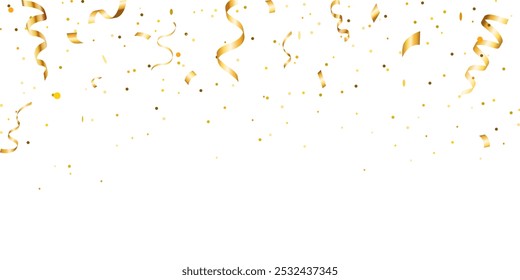 Luxury gold confetti and carnival ribbons with golden glitter. Shiny carnival decoration background