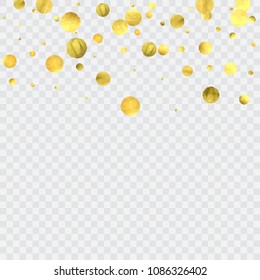 Luxury gold confetti. Glow vector celebrate background. Explosion of sparkles and dots. Voucher backdrop. Metallic invitation card template. Falling Glitter background. 