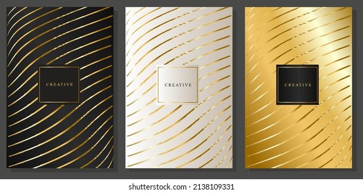 Luxury gold cover with frame. Metallic wavy stripes. Gold, platinum, black: vector collection for invitation, brochure template, elegant events.
