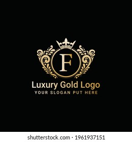 Luxury gold crown logo vector, Letter F icon