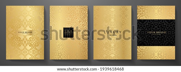 Luxury gold curve\
pattern cover design set. Elegant floral ornament on golden\
background. Premium vector collection for rich brochure, luxe\
invite, royal wedding\
template
