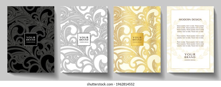 Luxury gold curve (scroll) pattern cover, frame design set. Elegant floral ornament on golden, black background. Premium vector collection for rich brochure, luxe invite, royal wedding template, menu