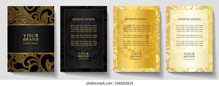 Luxury gold curve (scroll) pattern cover, frame design set. Elegant floral ornament on golden, black background. Premium vector collection for rich brochure, luxe invite, royal wedding template, menu