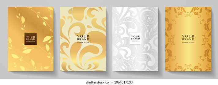 Luxury Gold Curve (scroll) Pattern Cover Design Set. Elegant Floral Ornament On Golden, Silver Background. Premium Vector Collection For Rich Brochure, Luxe Invite, Royal Wedding Template, Menu