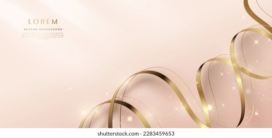 Cinta curvada de oro de lujo y elemento de línea curva con efecto de luz dorada brillante sobre fondo de oro rosa. Ilustración del vector