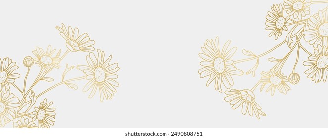 Fondo de flores de margarita de oro de lujo. Patrón floral tropical en estilo de arte de línea para el saludo, invitación, tarjeta de boda, arte de la pared, Fondo de pantalla e impresión. Ilustración vectorial