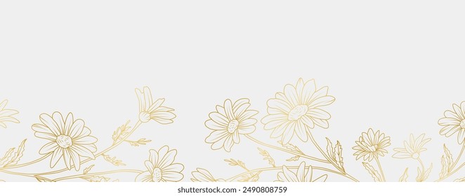 Fondo de flores de margarita de oro de lujo. Patrón floral tropical en estilo de arte de línea para el saludo, invitación, tarjeta de boda, arte de la pared, Fondo de pantalla e impresión. Ilustración vectorial