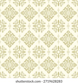 Patrón sin fisuras de damasco de oro de lujo, elegante adorno floral vintage sobre fondo crema, estilo barroco victoriano real para boda y diseño de papelería.
