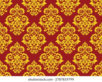 Luxury gold damask vector seamless pattern on a red background. Elegant baroque and louis style ornament with intricate floral bouquets and acanthus leaf scrolls. Perfect for premium wallpaper, luxury textile, and royal background design.