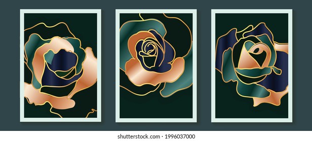 Luxury gold and dark green rose abstract line art background vector. Wall art design with emerald and gold colors. Vector illustration 