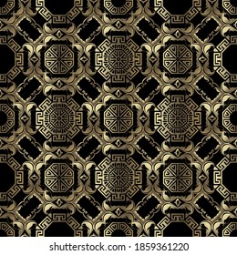 Lujo dorado Deco sin fisuras. Antecedentes de vectores ornamentales de estilo étnico tribal griego. Repetir fondo geométrico ornamentado. Bonito adorno moderno con llave griega, más suave. Flores antiguas, hojas.