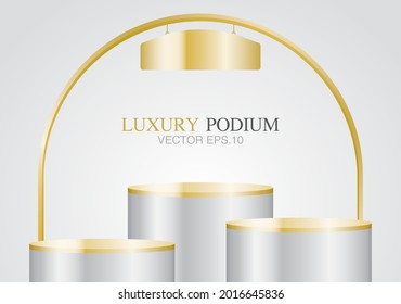 luxury gold display circle podium set with arch and hang sign 3d illustration vector for putting your object