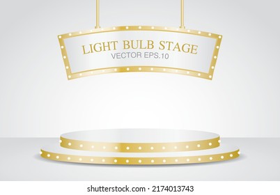 luxury gold display stage with hanging sign and light bulb 3d illustration vector for putting object