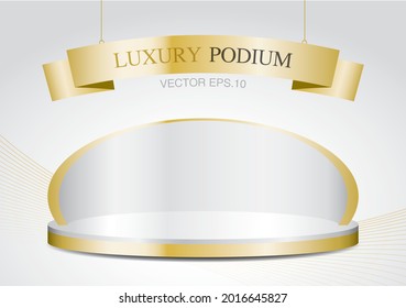 luxury gold display stage with shiny ribbon sign 3d illustration vector for putting your object