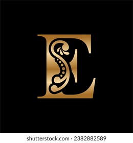 luxury gold E logo design with beautiful floral ornaments. E monogram typography. letter logo with feather. vintage logos