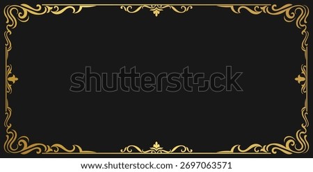 Luxury gold fabric square frame with vintage corner decoration and dark black background.