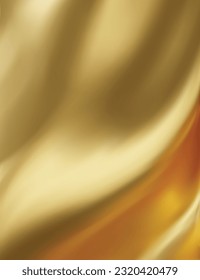 The luxury of gold fabric texture background. Closeup of rippled silk fabric. Abstract cloth or liquid wave background.  Creases of satin, cotton. Vertical photo. 3d vector illustration.