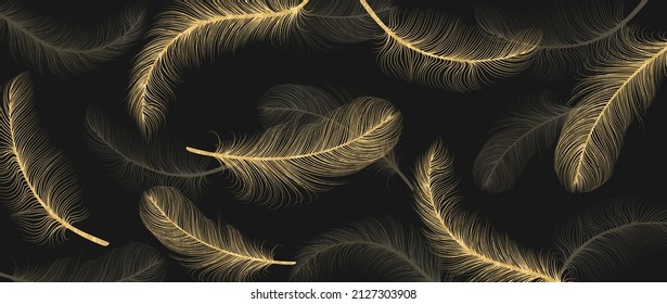 Luxury gold feather on dark background. Golden line art with bird feathers hand drawn wallpaper. Design in seamless pattern for banner, decoration, wall art, invitation, wedding and fabric.