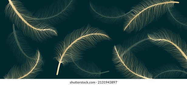 Luxury gold feather on green background. Golden line art with bird feathers hand drawn wallpaper. Shining and elegant design for banner, decoration, wall art, invitation, wedding and fabric.