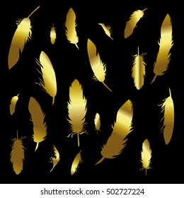 Luxury gold feathers set on black background. hand drawn vector illustration. boho theme elements
