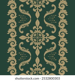 Luxury Gold Fleur de Lis The combination of rich green, regal symbols, and intricate scrolling makes this pattern an exquisite choice perfect for high-end upholstery, drapery, or fashion applications