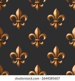 Luxo ouro flor-de-lis padrão sem costura no fundo preto, ilustração de vetor. Símbolo Heráldico Real Dourado. Papel de parede Fleur-de-Lis, tecido, papel digital. Ornamento Francês Vintage