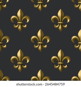 Luxo ouro flor-de-lis padrão sem costura no fundo preto, ilustração de vetor. Símbolo Heráldico Real Dourado. Papel de parede Fleur-de-Lis, tecido, papel digital. Ornamento Francês Vintage
