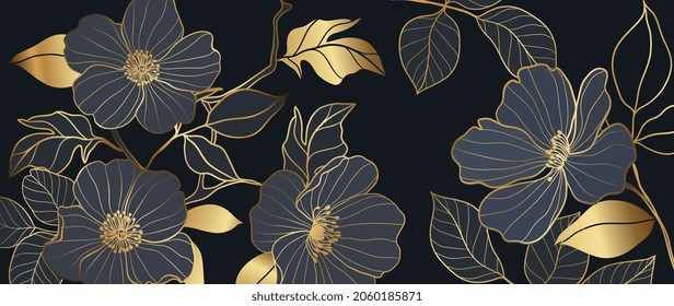 Luxury gold floral background vector  Golden gradient Roses   peonies flower line art wallpaper design for prints  cover  wall arts  greeting card  wedding cards  invitation 
