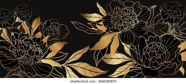 Luxury gold floral background vector. Golden gradient Roses and peonies flower line art wallpaper design for prints, cover, wall arts, greeting card, wedding cards, invitation.