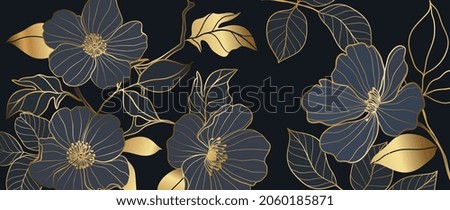 Luxury gold floral background vector. Golden gradient Roses and peonies flower line art wallpaper design for prints, cover, wall arts, greeting card, wedding cards, invitation.