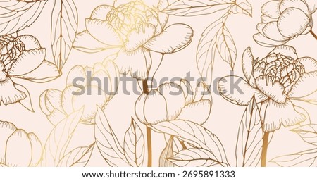 Luxury gold floral background vector. Golden gradient peonies flower line art wallpaper design for cover, wall arts, greeting card, wedding cards and invitation.