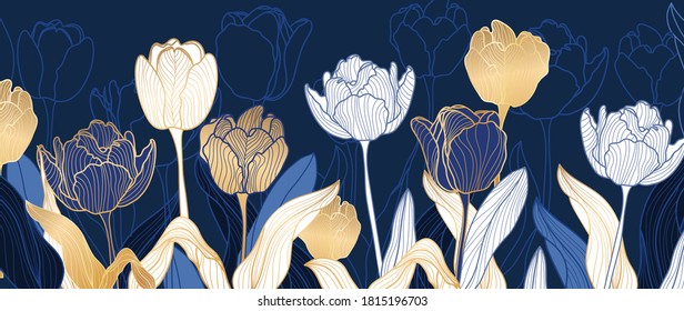 luxury gold floral line art wallpaper vector. Exotic botanical background, Tulip flower vintage boho style for textiles, wall art, fabric, wedding invitation, cover design Vector illustration.