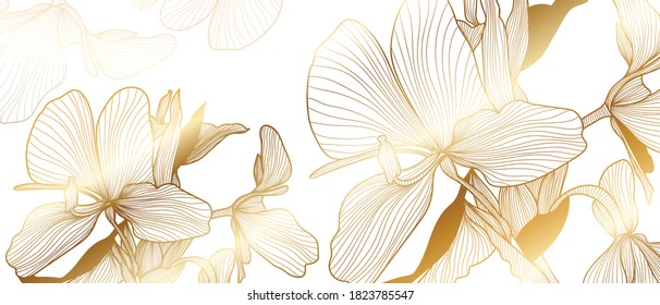 luxury gold floral line art wallpaper vector. Exotic botanical background, Orchid flower golden line design for textiles, wall art, fabric, wedding invitation, cover design Vector illustration.