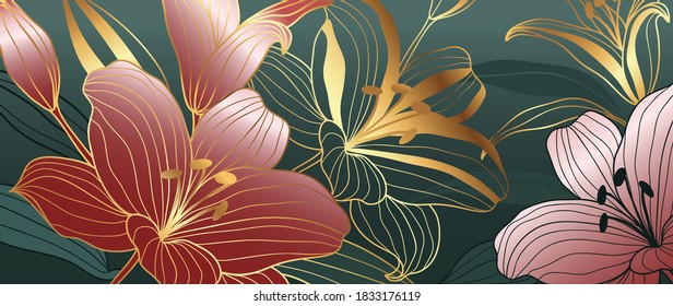 luxury gold floral line art wallpaper vector. Exotic botanical background, Lily flower vintage boho style for textiles, wall art, fabric, wedding invitation, cover design Vector illustration.
