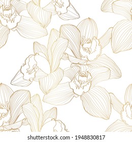 Luxury gold floral line art wallpaper. Orchid Cymbidium flower golden line design for textiles, wall art, fabric, wedding invitation, cover design.