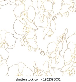 Luxury gold floral line art wallpaper. Orchid flower golden line design for textiles, wall art, fabric, wedding invitation, cover design. White background.