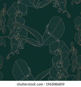 Luxury gold floral line art wallpaper. Orchid flower golden line design for textiles, wall art, fabric, wedding invitation, cover design. Dark green background.