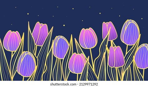 luxury gold floral line art wallpaper. Colorful poster with purple tulips, leaves and dark sky. Design element for invitations and printing on paper. Cartoon contemporary flat vector illustration