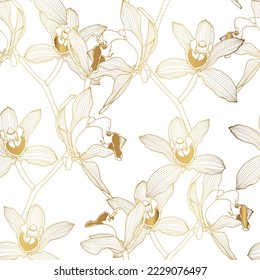 Luxury gold floral line art wallpaper. Orchid Cymbidium flower golden line design for textiles, wall art, fabric, wedding invitation, cover design.